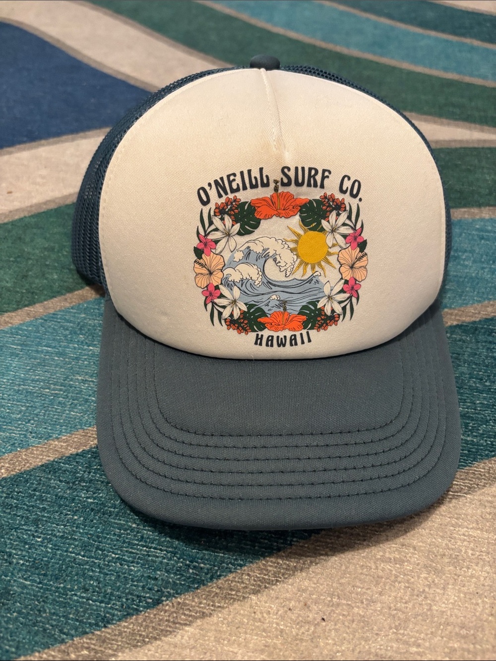 O’Neill Hawaii Women’s Trucker Hat - White Front with Blue Bill
